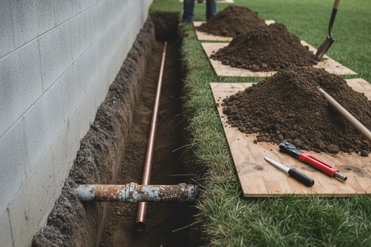 Excavated water line trench during Water Softener Installation in Cookville